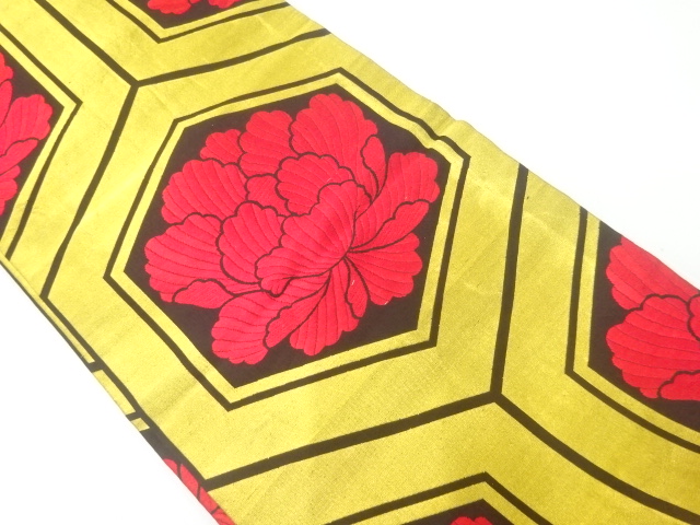 JAPANESE KIMONO / ANTIQUE MARU OBI / WOVEN KIKKO & PEONY